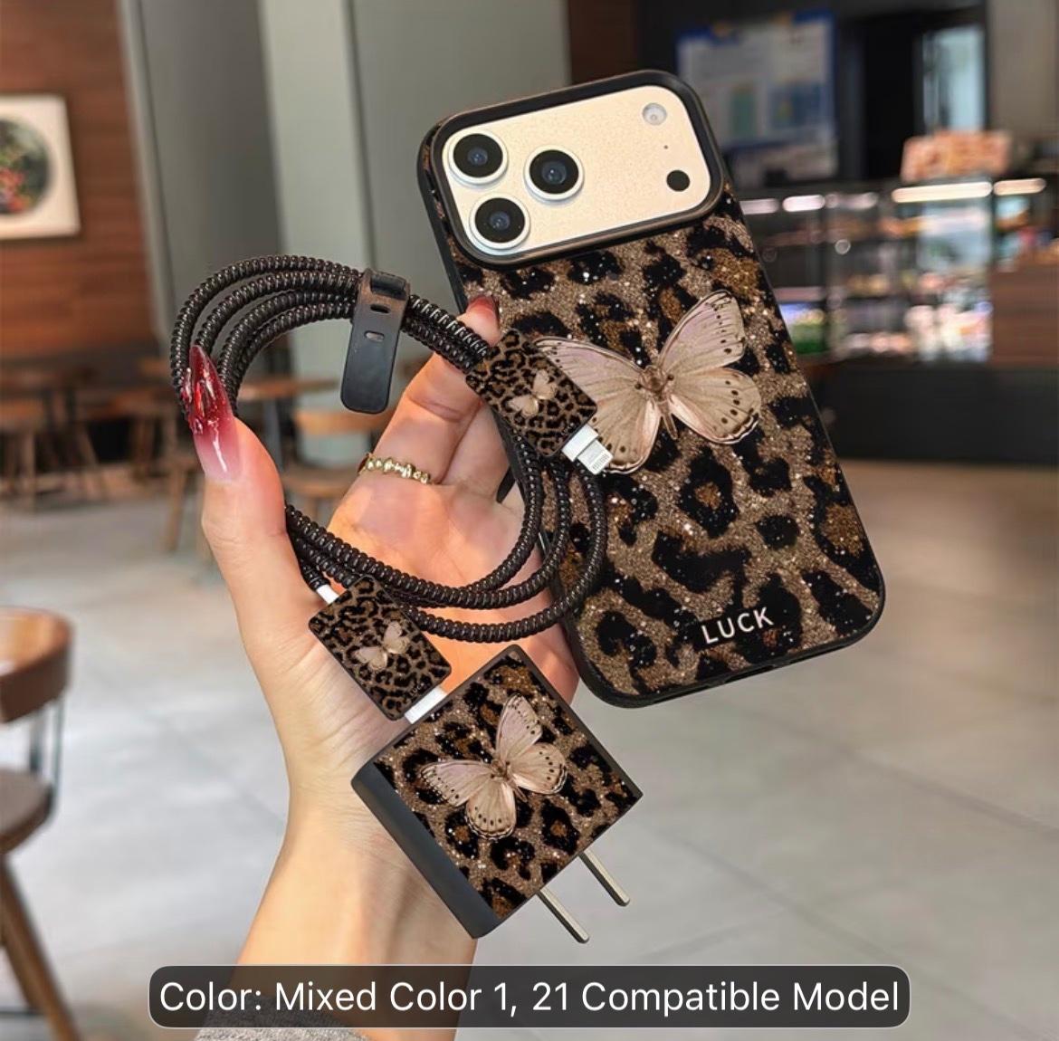 Phone Case - 6pcs Lychee Pattern Black Butterfly Lucky Leopard Print Phone Case Pattern + Charger Head Cover + Cable Protector + Storage Rope + Data Cable Protection Rope Winding Rope TPU Anti-Fall Protective Case Apple Phone 