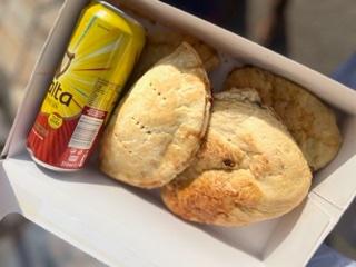 Meat pie, Meat bread ,cookies, Malt 