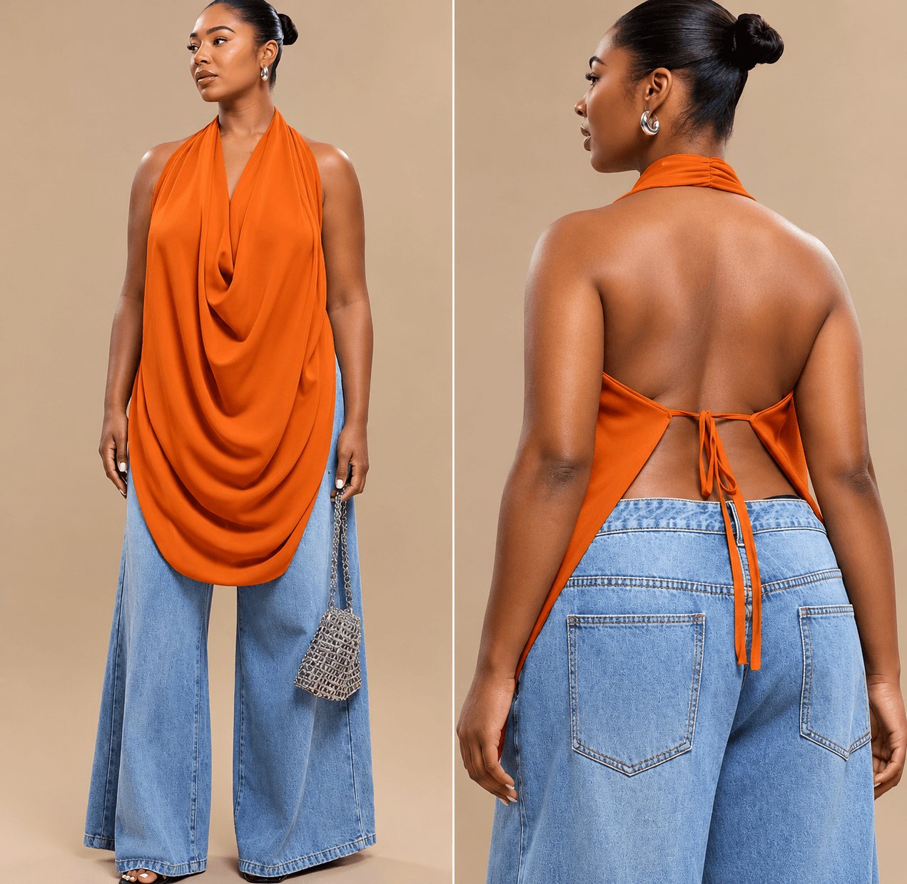 Stylish Orange Backless Halter Neck Women’s Top