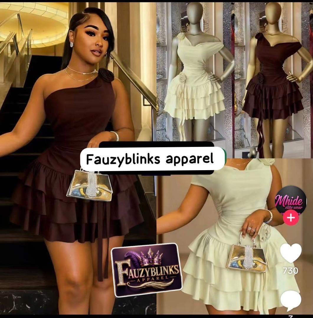 One shoulder ruffle mini dress -cream and brown
