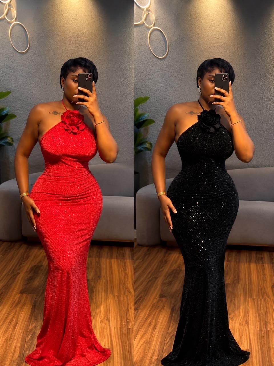 Rose halter sparkle gown-Red,black and green