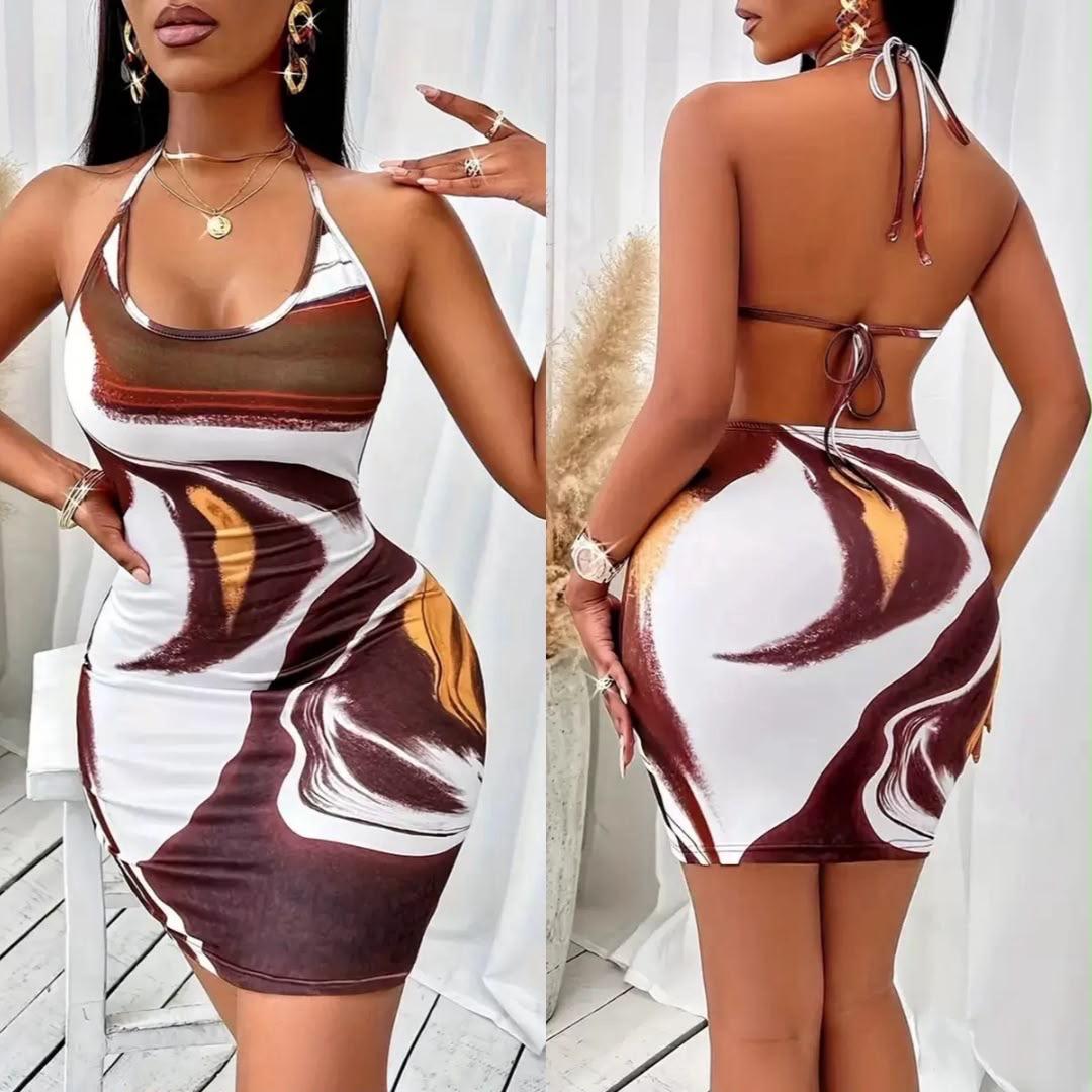 Marble print halter backless dress